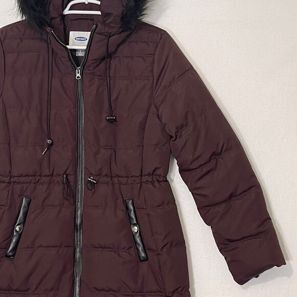 Old Navy Long Puffer Coat Womens Small Brown Winter Parka Fur Hood Insulated - Picture 12 of 13